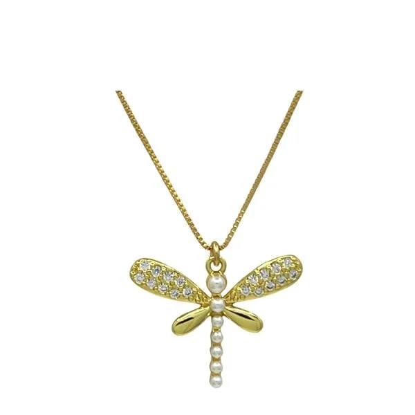 Women’s delicate gold necklaces-Dragonfly With Fresh Water Pearls & CZ Necklace (NGCP4853DF)