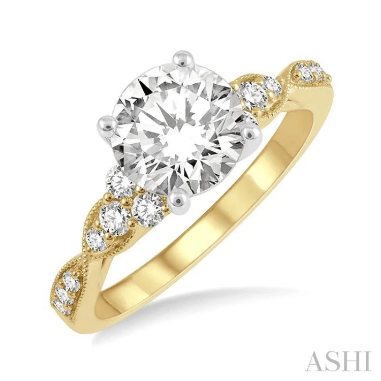 Women's stackable solitaire engagement rings-1/4 ctw Carved Shank Round Cut Diamond Semi Mount Engagement Ring in 14K Yellow and White Gold