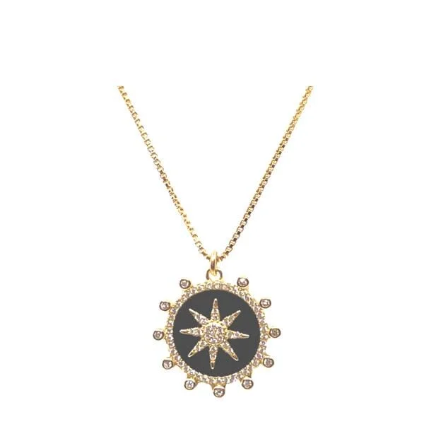 Women’s luxury necklaces-Enamel Starburst Charm on 18kt Gold Fill Chain: Black (NGCP756X)