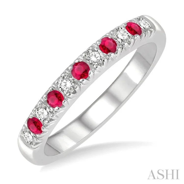 Women's cushion cut engagement rings-2 MM Ruby and 1/5 ctw Round Cut Diamond Precious Wedding Band in 14K White Gold