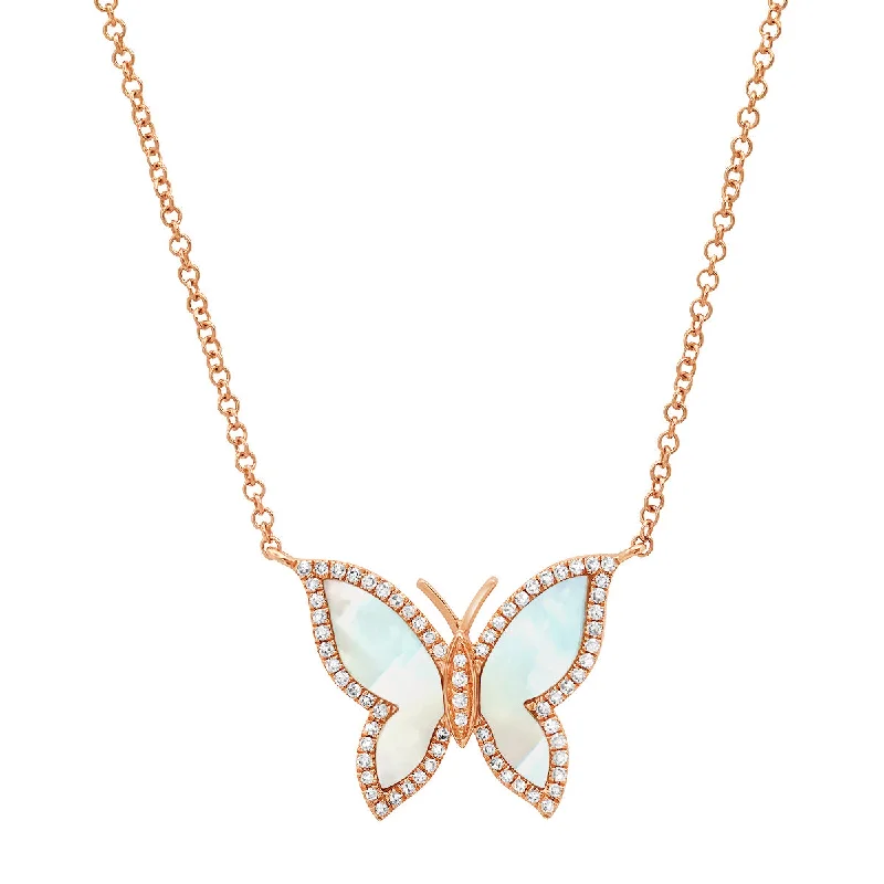 Women’s diamond solitaire necklaces-Mother of Pearl Butterfly with Diamond Frame Necklace