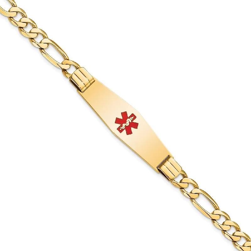 Women’s gold cuff bracelets-14k Yellow Gold 13.5mm Medical Soft Diamond Shape Red Enamel Flat Figaro Link ID Bracelet, 7"