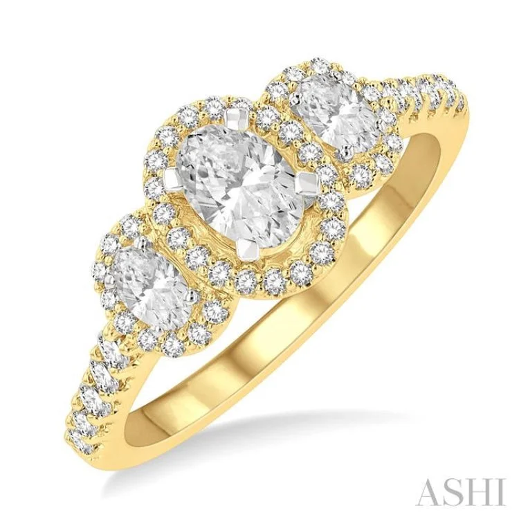 Women's pear-shaped diamond engagement rings-1.00 ctw Past, Present & Future Round Cut Diamond Engagement Ring With 3/8 ct Oval Cut Center Stone in 14K Yellow and White Gold