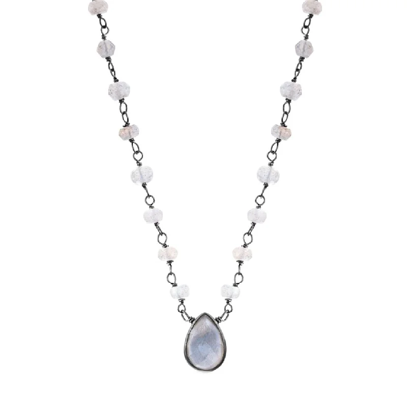 Women’s artistic necklaces-Labradorite Rosary with Pear Center Stone Necklace black rhodium .925 sterling silver