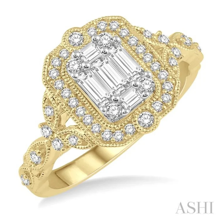 Women's vintage diamond engagement rings-5/8 ctw Intricate lattice Baguette and Round Cut Diamond Ring in 14K Yellow and white gold