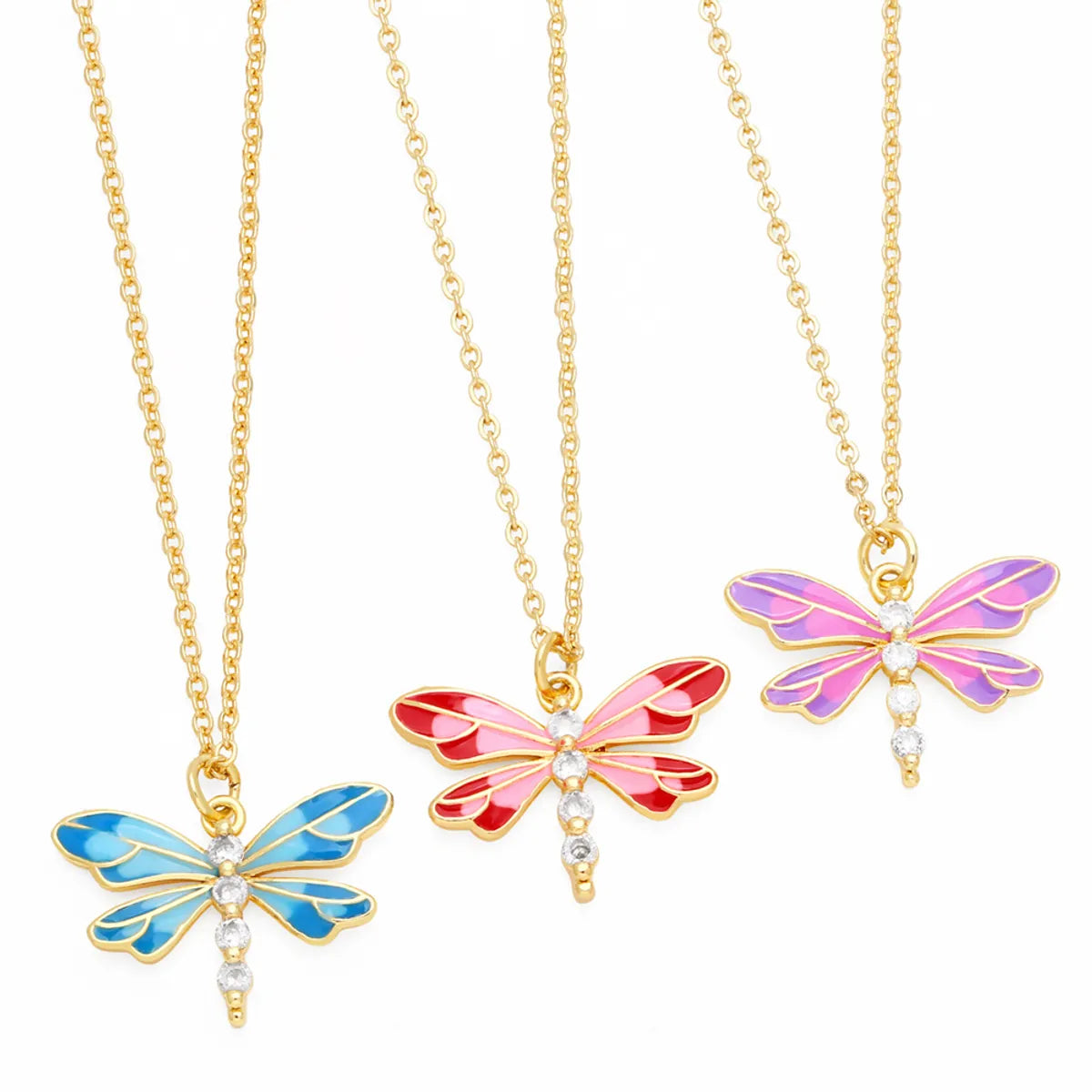 Women’s statement pendant necklaces-Cute Sweet Dragonfly Stainless Steel Copper Enamel Plating Zircon 18k Gold Plated Pendant Necklace