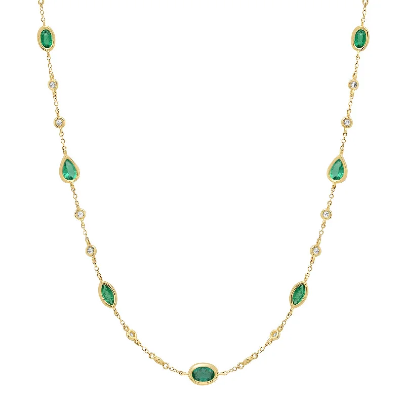 Women’s gemstone pendant necklaces-Bezel Set Emerald Shapes & Diamonds by the Yard Necklace