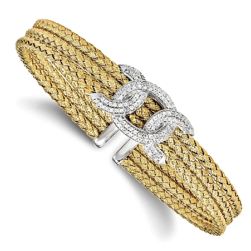 Women’s vintage silver bangles-925 Sterling Silver Gold-tone Cubic Zirconia Woven Cuff Bracelet, 6.75"