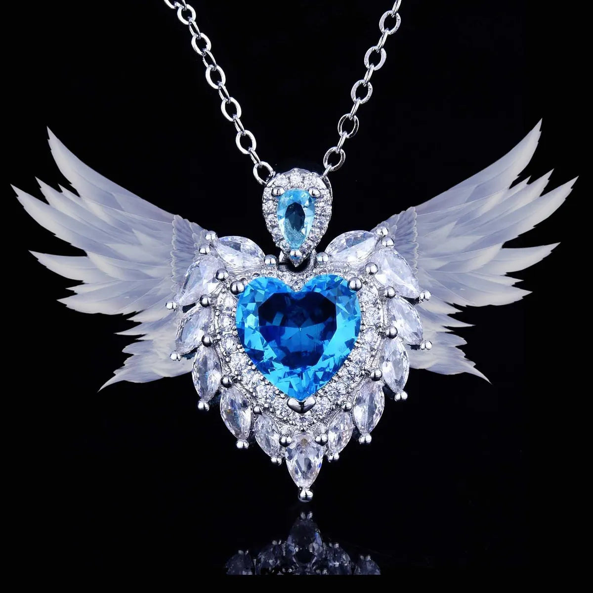 Women’s customized necklaces-New Angel Wing Pendant Simulation Aquamarine Wing Heart Necklace