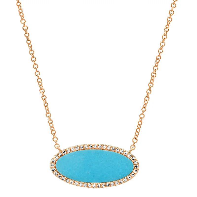 Women’s rose gold necklaces-Oval Turquoise with Diamond Halo Necklace