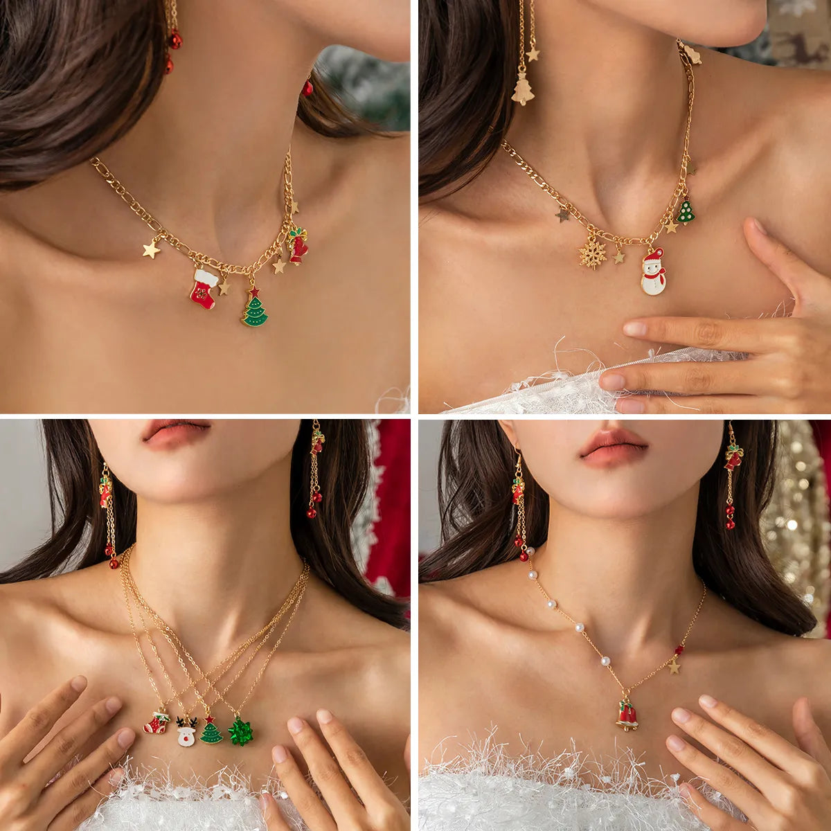 Women’s floral necklaces-Fashion Christmas Tree Christmas Socks Snowman Alloy Iron Copper Enamel Pearl Inlay Rhinestones Necklace