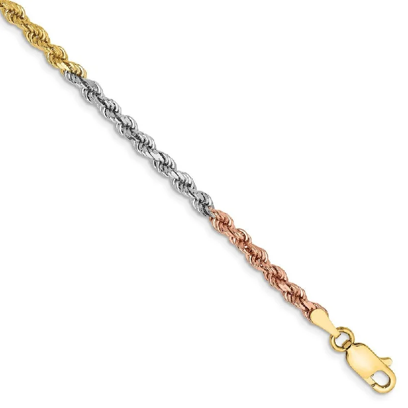 Women’s simple charm bracelets-14k Tri-color Gold 2.9mm Diamond-Cut Rope Chain Bracelet, 7"