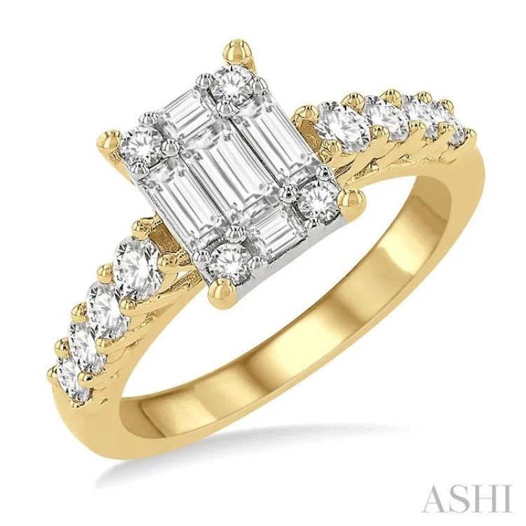 Women's two-tone engagement rings-1.00 ctw Fusion Baguette and Round Cut Diamond Engagement Ring in 14K Yellow and White gold