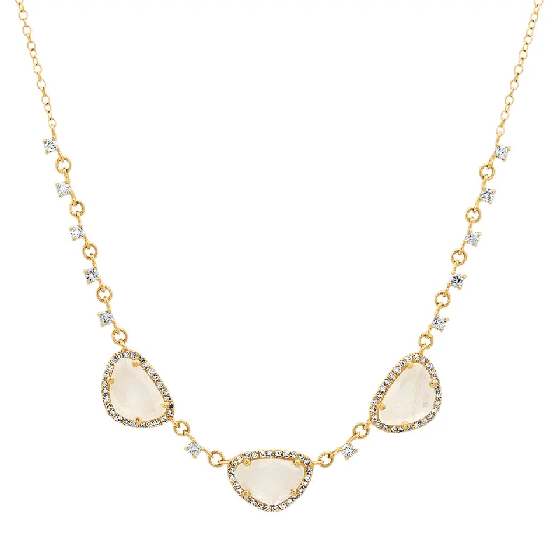 Women’s gemstone necklaces-Moonstone Trio with Diamonds Necklace