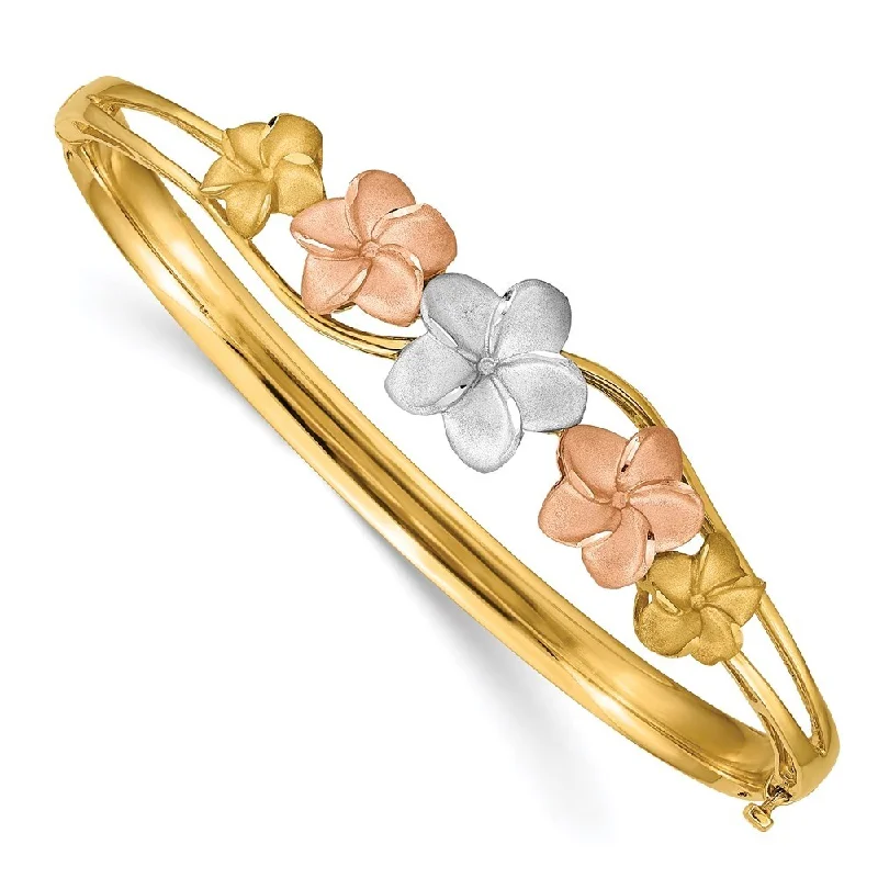 Women’s boho chic bracelets-14k Yellow Gold 3.5mm Tri-color Plumeria Hinged Bangle Bracelet, 6.75"