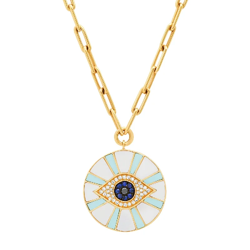 Women’s romantic necklaces-Diamond Evil Eye Coin with Mother of Pearl & Turquoise Inlay on Paperclip Chain Necklace