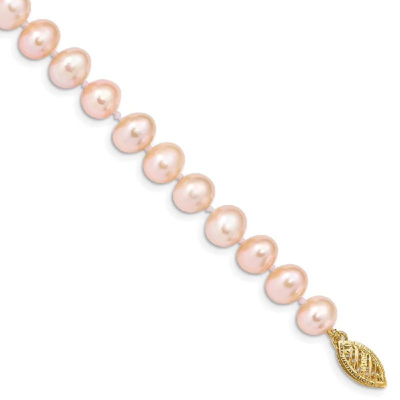 Women’s delicate bracelets-14k 7-8mm Pink Near Round Freshwater Cultured Pearl Bracelet-WBC-PPN070-7.5