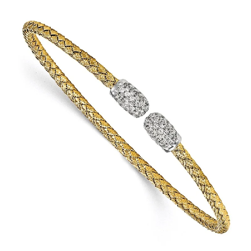 Women’s boho chic bracelets-925 Sterling Silver Gold-tone Cubic Zirconia Woven Cuff Bracelet, 6.75"