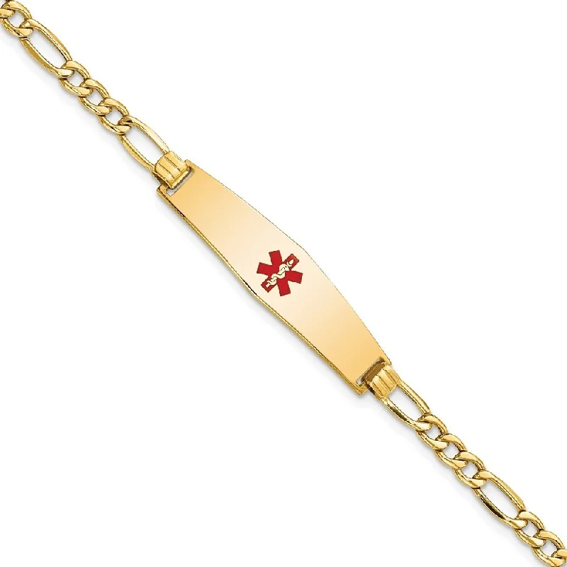 Women’s fine jewelry bracelets-14k Yellow Gold 8.5mm Semi-solid Medical Soft Diamond Shape Red Enamel Figaro ID Bracelet, 7"