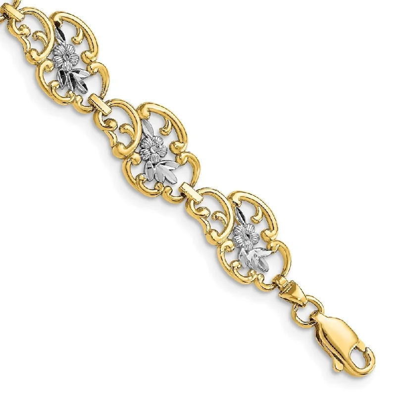 Women’s gemstone charm bracelets-14k Yellow Gold and White Rhodium 10.1mm Diamond-Cut Fancy Bracelet, 7.25"