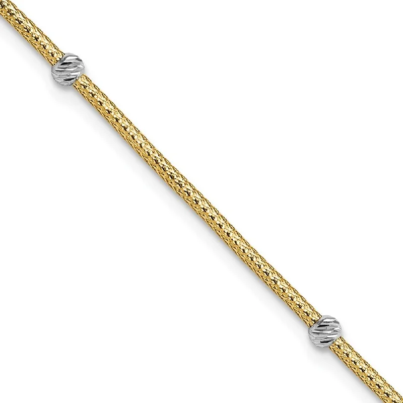 Women’s layered bracelets-14k Two-tone Gold Woven Flexible Diamond-Cut Beads Bracelet, 7.25" (W-3mm)