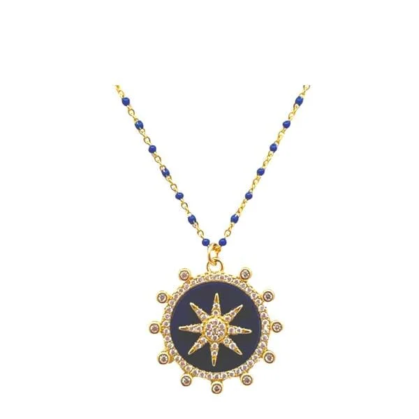 Women’s choker necklaces-Enamel Starburst Charm on Plated or Gold Vermeil Beaded Chain:Lapis (_NGP756LP)