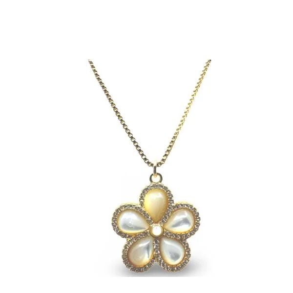 Women’s statement chain necklaces-Stone Flower With CZ on Gold Fill Chain Necklace: Mother of Pearl (NGCP45FLW)