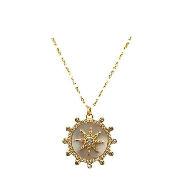 Women’s chain necklaces-Enamel Starburst Charm on Plated or Gold Vermeil Beaded Chain: White (_NGP756MN)