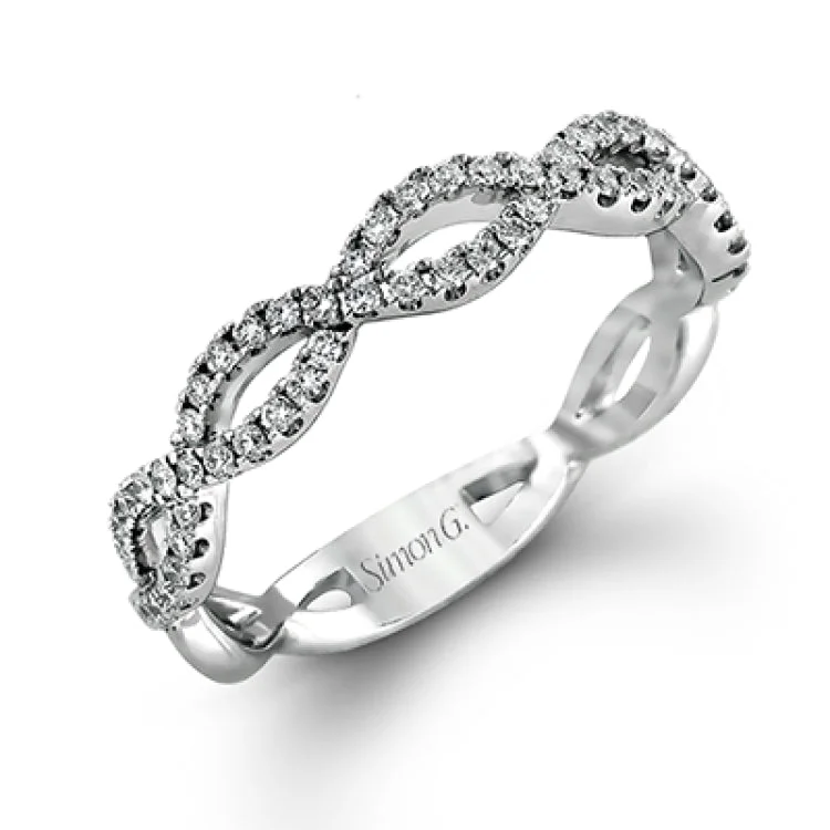 Women's affordable engagement rings-The intricate twisted design of this modern white gold engagement ring and wedding band set is set with .65 ctw of striking round cut white diamonds.