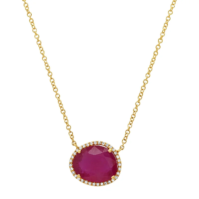 Women’s initial necklaces-Regal Ruby with Diamond Halo Necklace