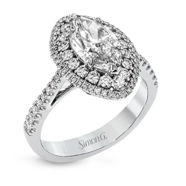 Women's engagement rings with side stones-This 18k white gold engagement ring setting has a stunning double halo design set with .61 ctw of shining white round brilliant diamonds.