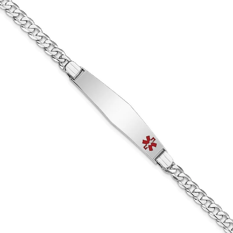 Women’s designer bracelets-14k White Gold 9mm Medical Soft Diamond Shape Red Enamel Flat Curb Link ID Bracelet, 7"