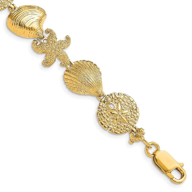 Women’s stacked bracelets-14k Yellow Gold 13.3mm Starfish, Shell, Clam Link Bracelet, 7.5"