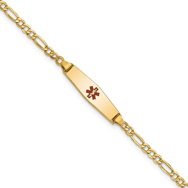 Women’s silver bracelets-14k Yellow Gold 5.5mm Medical Semi-Solid Soft Diamond Shape Red Enamel Figaro ID Bracelet, 6"