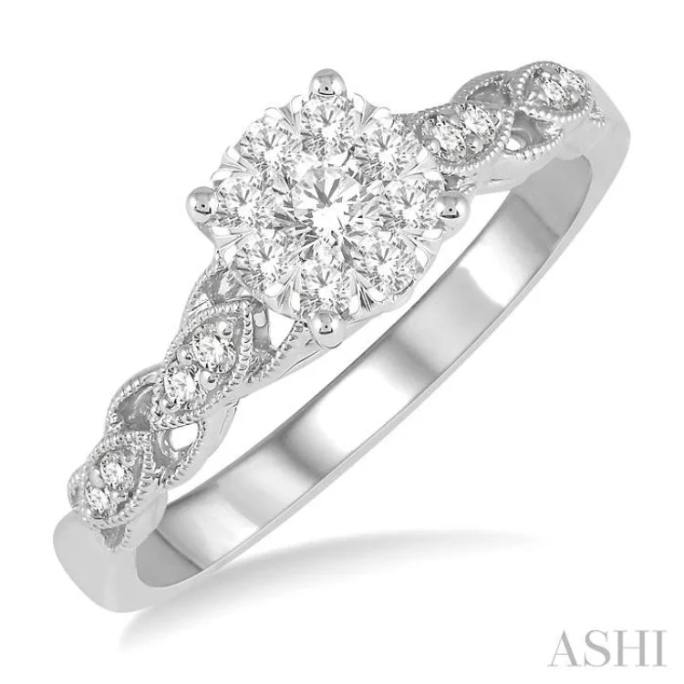 Women's diamond accent engagement rings-3/8 ctw Two-Tone Lattice Shank Round Cut Diamond Lovebright Ring in 14K White Gold