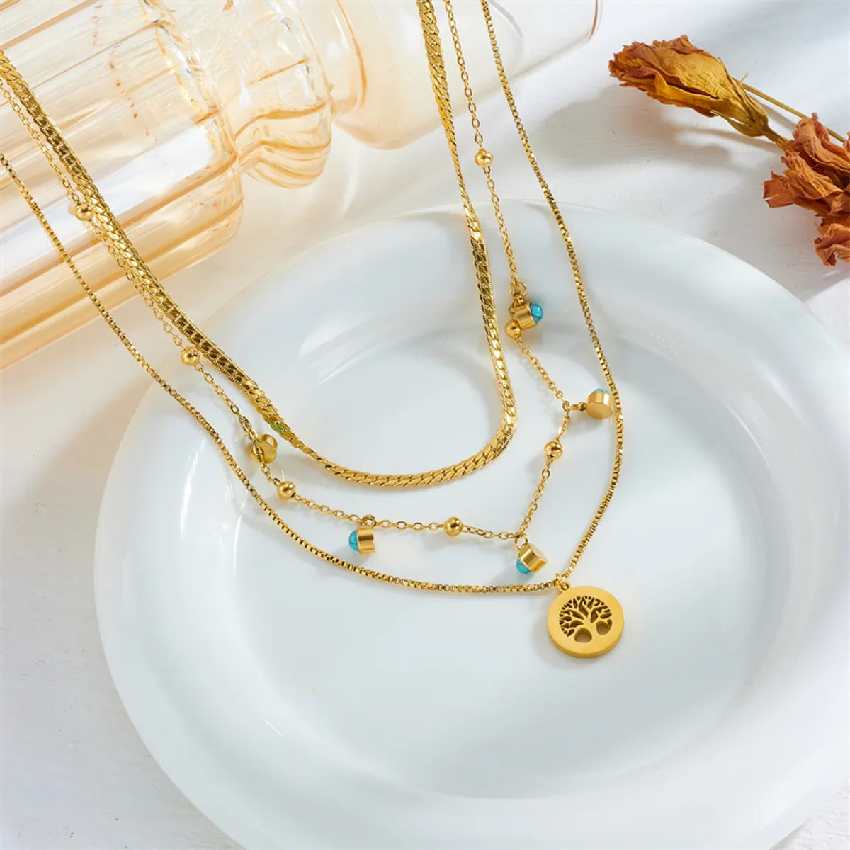 Women’s birthstone necklaces-Lady Life Tree Titanium Steel Plating 18k Gold Plated Double Layer Necklaces