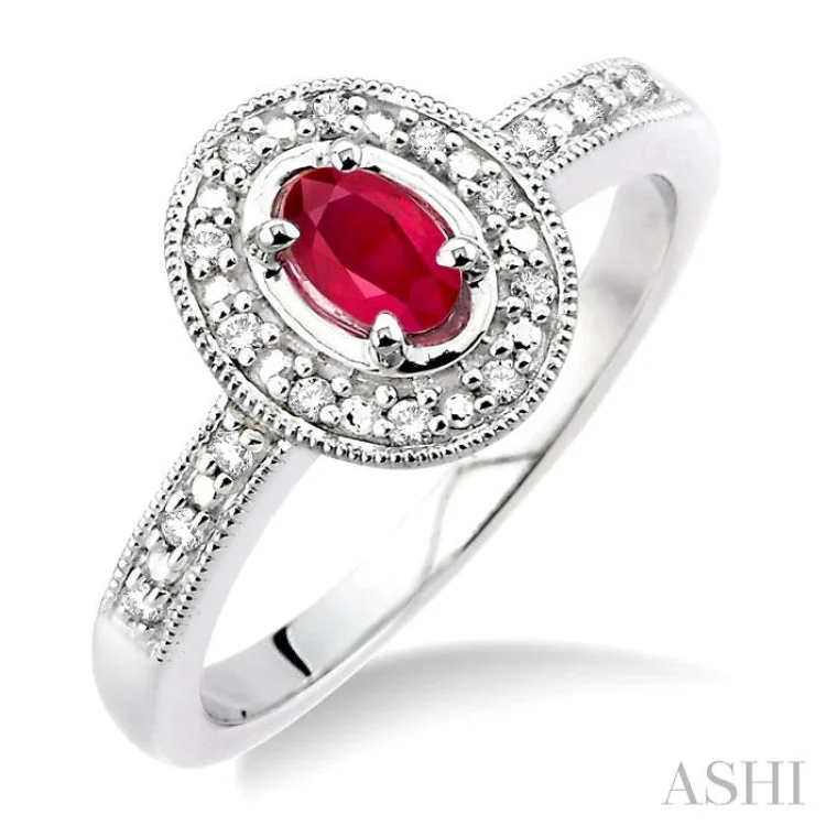 Women's engagement rings with side stones-5x3 MM Oval Cut Ruby and 1/10 ctw Single Cut Diamond Ring in 10K White Gold.