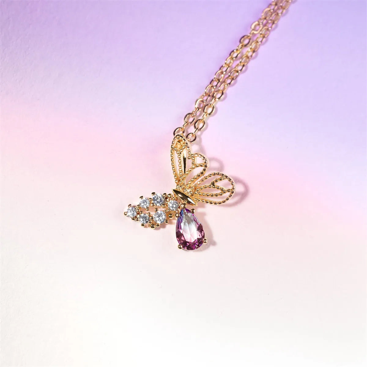 Women’s vintage gold necklaces-Vintage Hollow Butterfly Pink Rhinestone Alloy Necklace Wholesale