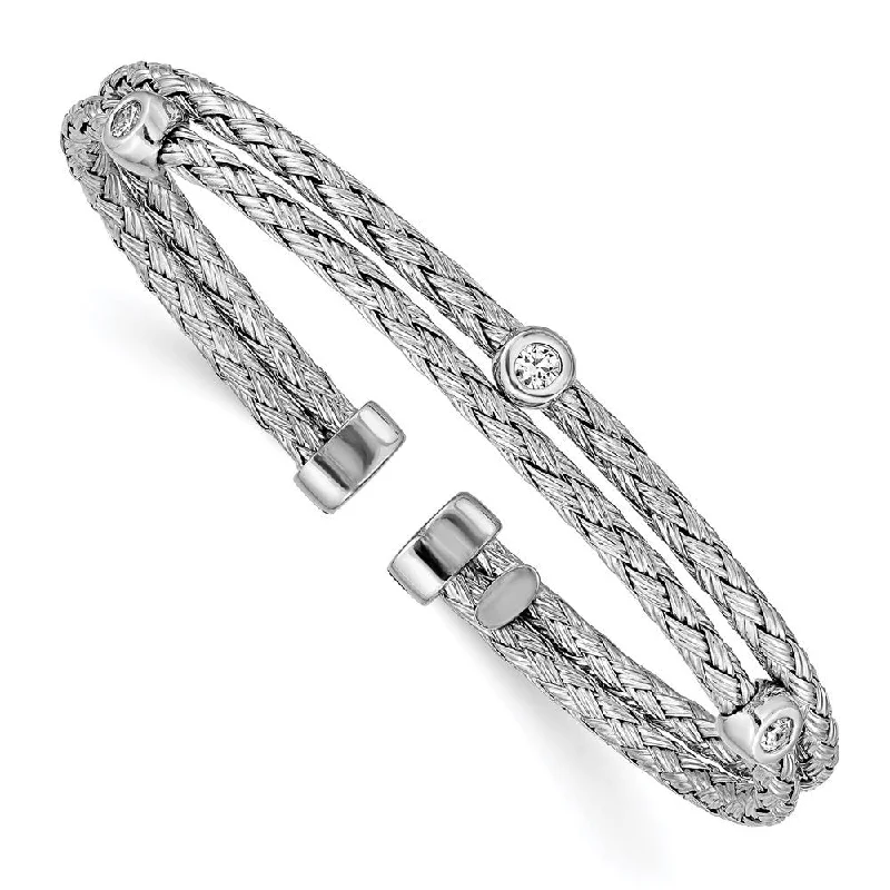 Women’s anniversary bracelets-925 Sterling Silver Rhodium-plated Double Strand Cubic Zirconia Cuff Bangle Bracelet