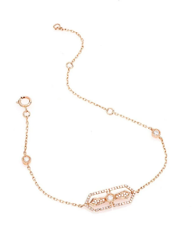 Women’s adjustable bracelets-Horizontal Filigree Cross Diamond Chain Bracelet in 14K Rose Gold