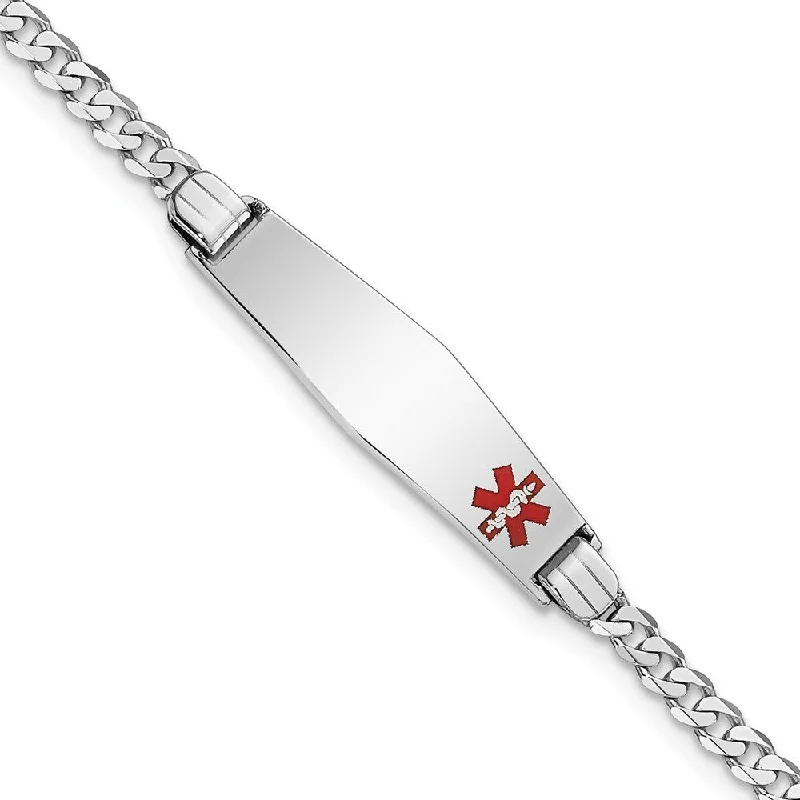 Women’s infinity bracelets-14k White Gold 7.5mm Medical Soft Diamond Shape Red Enamel Flat Curb Link ID Bracelet, 7"