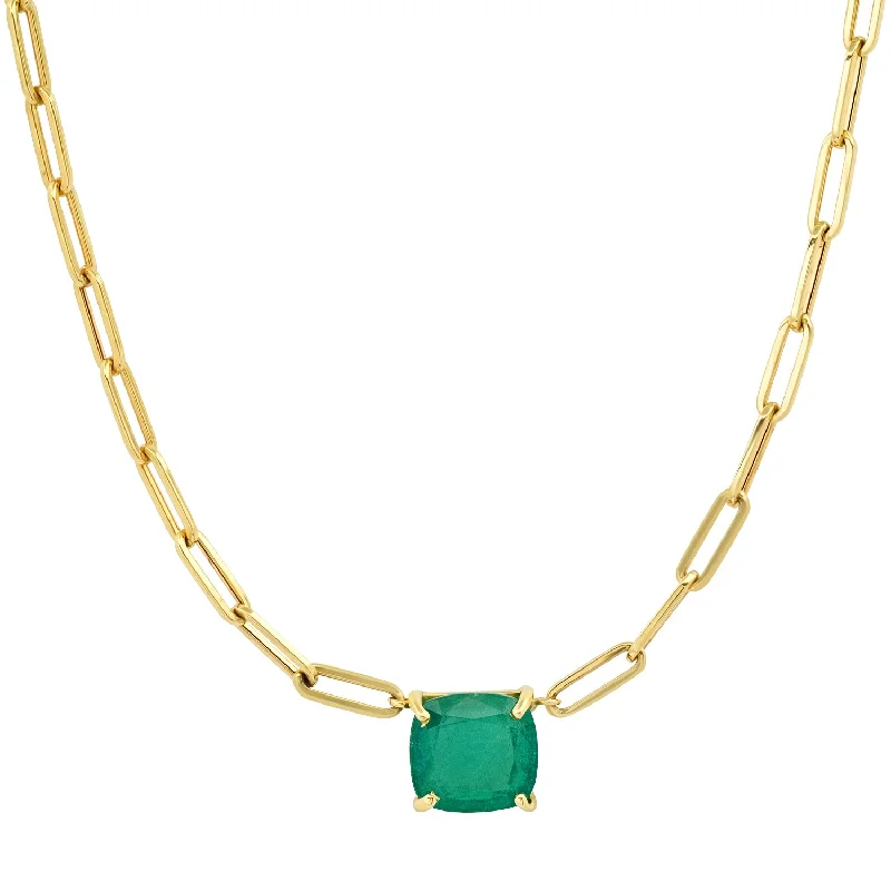 Women’s simple gold necklaces-Cushion Cut Green Emerald on Paperclip Link Chain Necklace