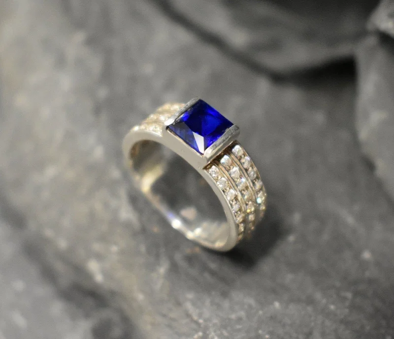 Women's diamond halo engagement rings-Sapphire Ring - Blue Square Ring - Triple Diamond Band