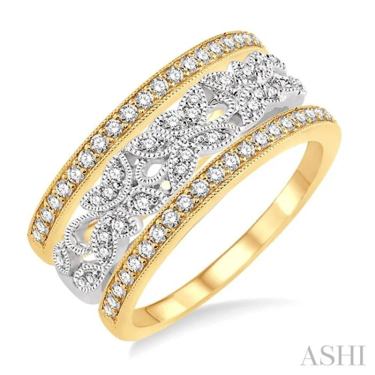 Women's silver engagement rings with diamonds-1/2 Ctw Round Cut Diamond Triple Band Set in 14K White and Yellow Gold