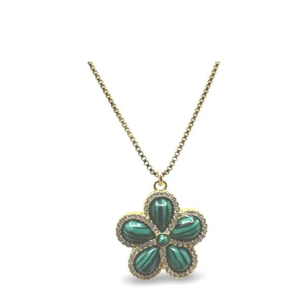 Women’s chunky statement necklaces-Stone Flower With CZ on Gold Fill Chain Necklace: Malachite (NGCP45FLML)