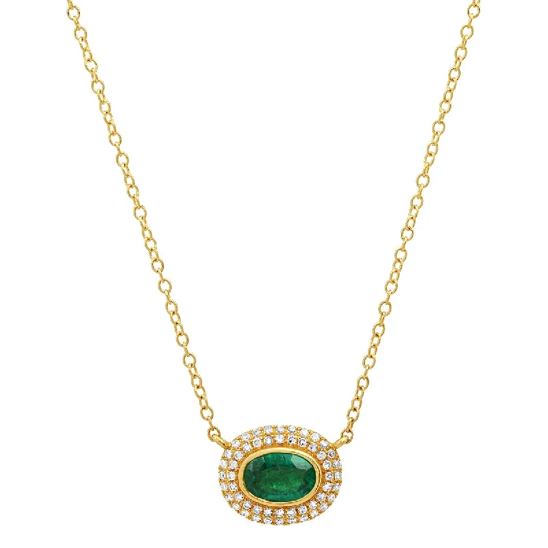 Women’s ruby necklaces-Oval Green Emerald with Pave Diamond Frame Necklace