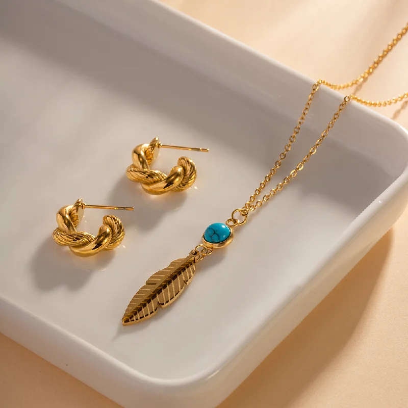 Women’s romantic gold necklaces-Retro Feather Stainless Steel Inlay Turquoise Necklace 1 Piece