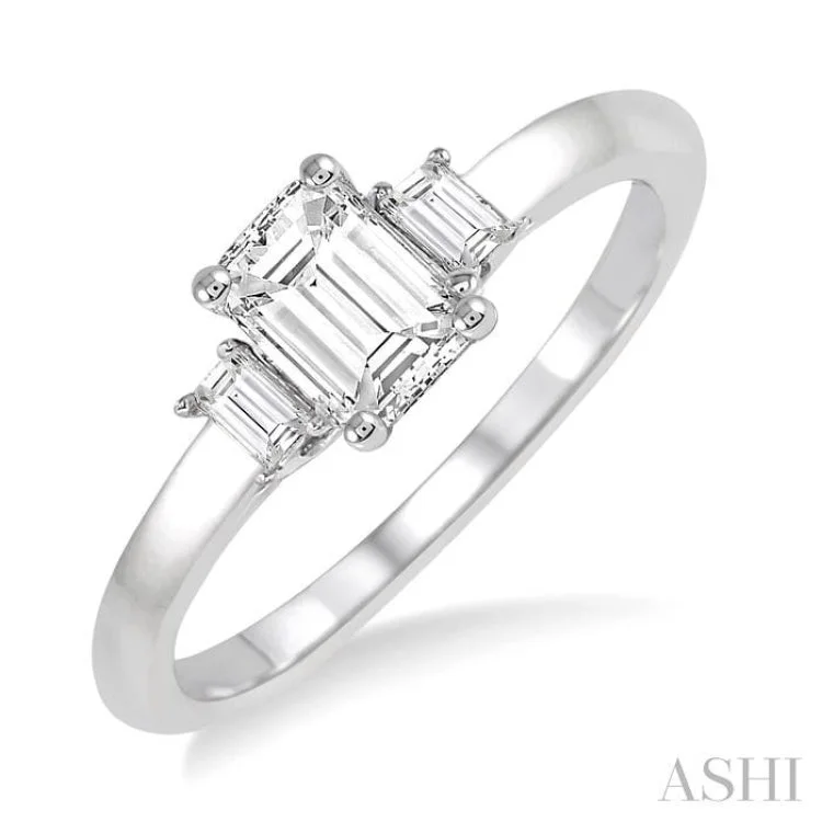 Women's rose gold engagement rings with diamonds-5/8 ctw Emerald and Baguette Diamond Engagement Ring with 1/2 ct Emerald cut Center Stone in 14K White Gold