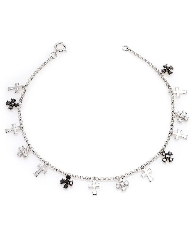 Women’s engraved bracelets-"BR0260U" Cross White & Black Diamond Bracelet in 18K White Gold