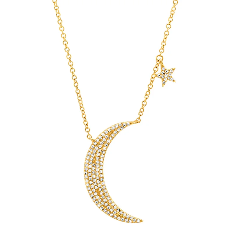 Women’s chunky necklaces-Diamond Crescent Moon with Star Dangle Necklace